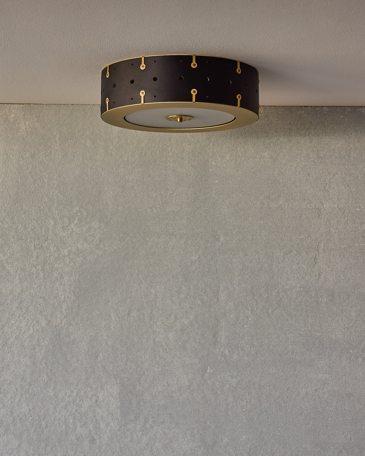 Beautiful satin brass flush mount ceiling fixture with handstitched leather drum shade #leather-finish_black harness #size_14" drum