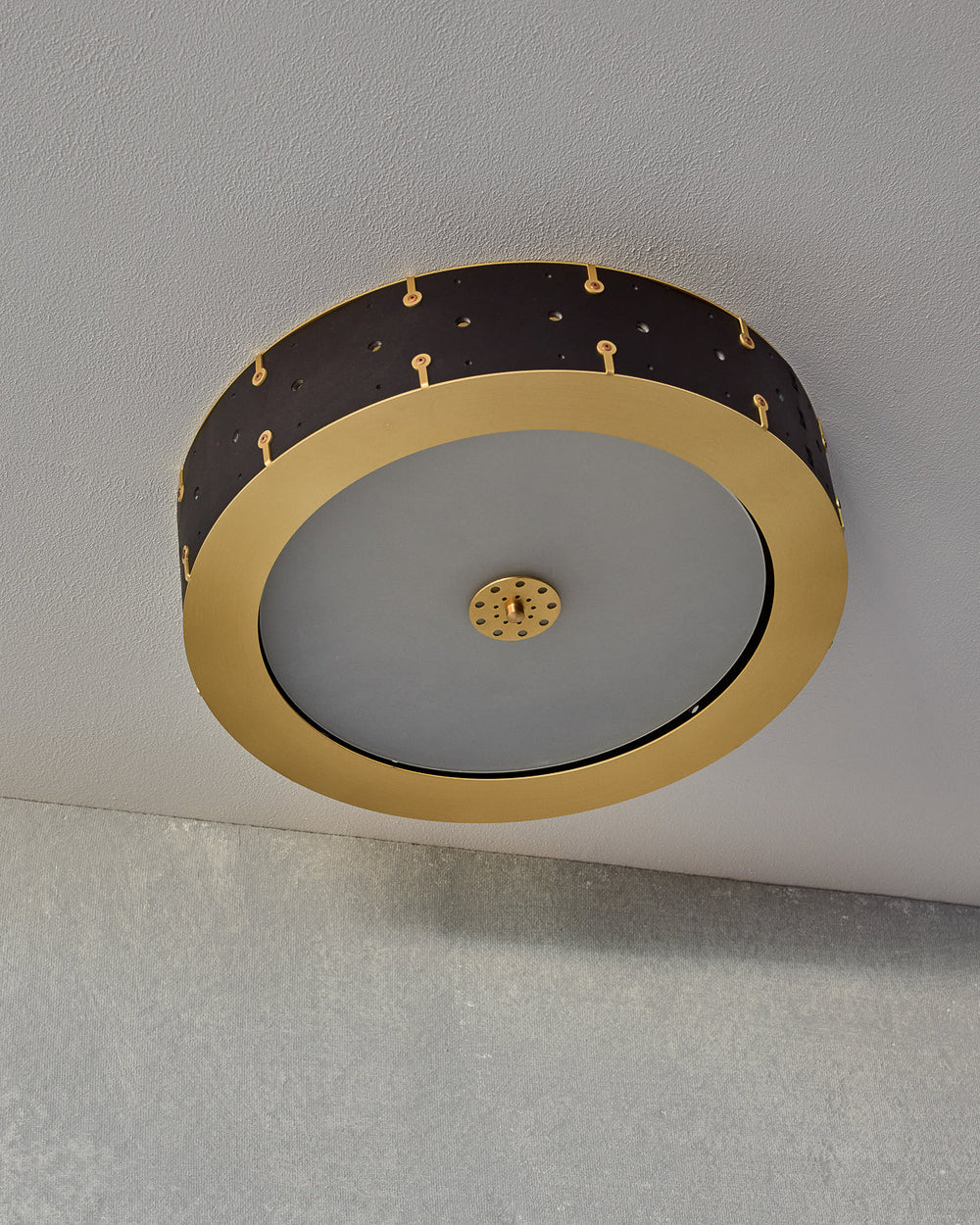 Beautiful satin brass flush mount ceiling fixture with handstitched leather drum shade #leather-finish_black harness #size_18" drum