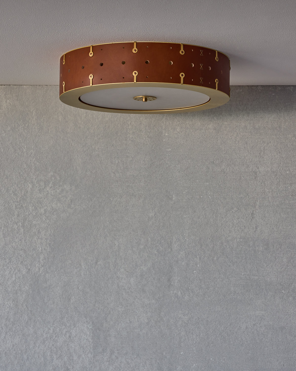 Beautiful satin brass flush mount ceiling fixture with handstitched leather drum shade #leather-finish_tan harness #size_18" drum