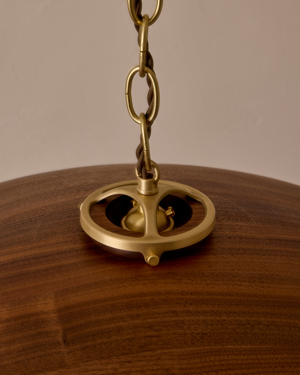 Large pendant light with oversized clear glass globe and decorative wooden clear maple shade with brass chain  #shade-finish_black walnut #cord-color_brown