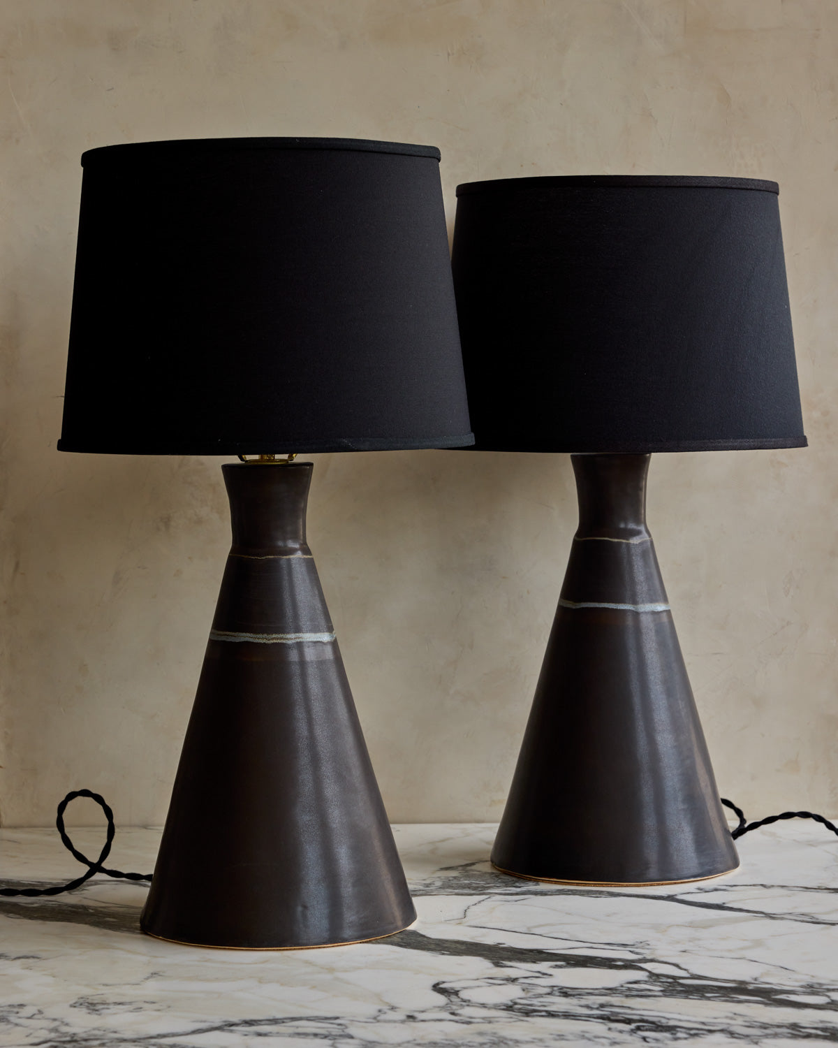 Ceramic Table Lamp Pair - Black with Line Detail