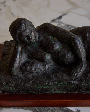 Reclining Figure Sculpture with Wooden Base