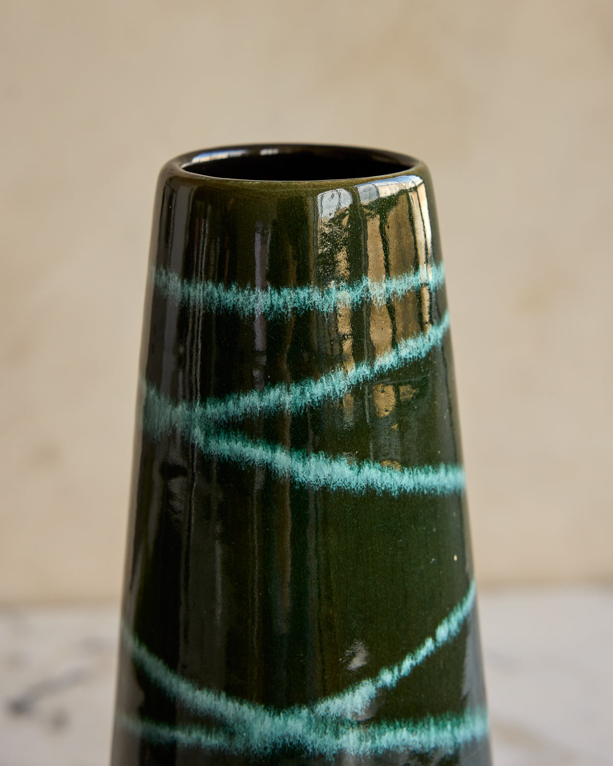 Tall Dark Green Vase with Turquoise Lines