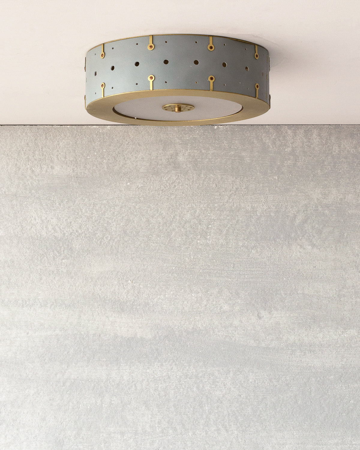 Beautiful satin brass flush mount ceiling fixture with handstitched leather drum shade #leather-color_cloud blue