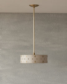 Beautiful satin brass ceiling pendant fixture with handstitched leather drum shade and customizable drop