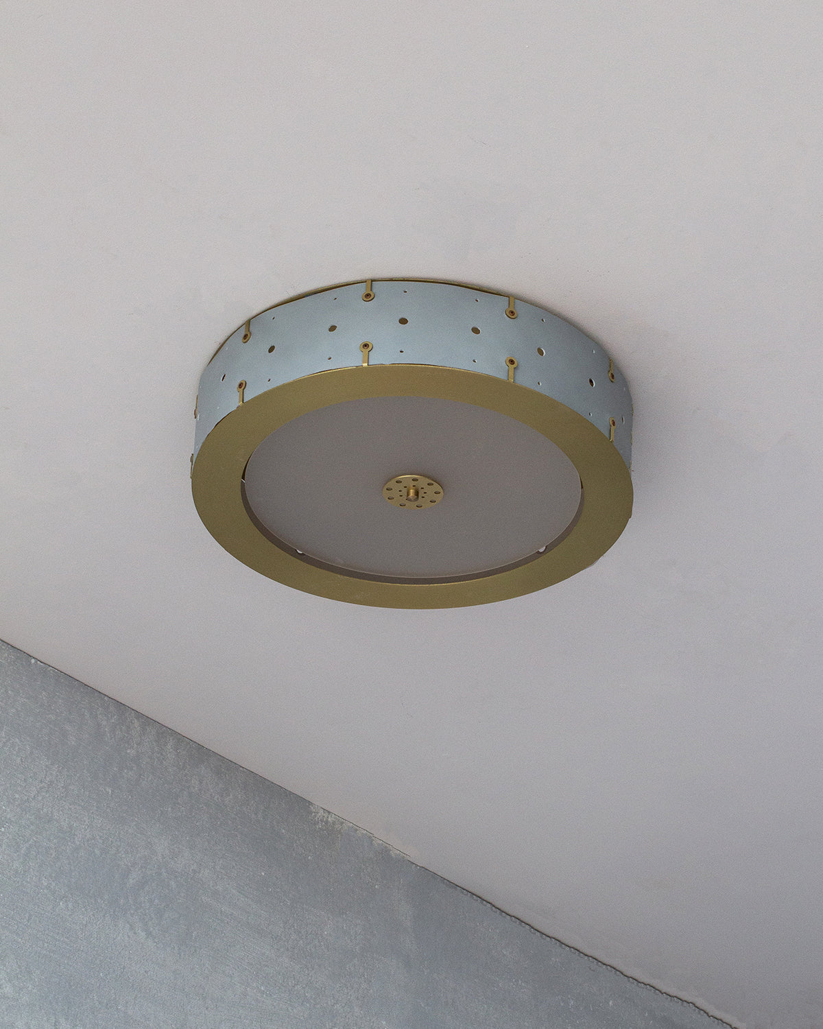 Beautiful satin brass flush mount ceiling fixture with handstitched leather drum shade #leather-color_cloud blue