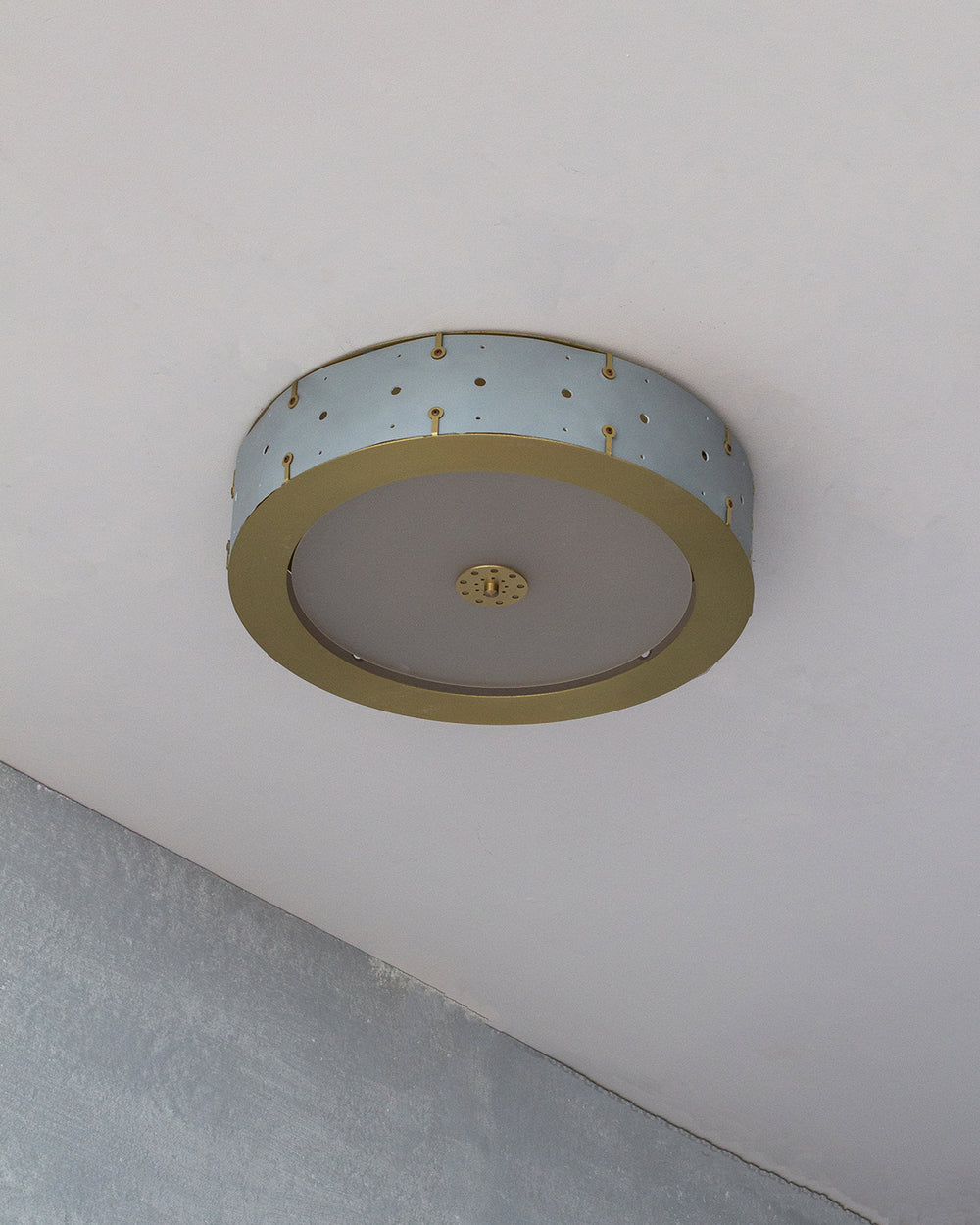 Beautiful satin brass flush mount ceiling fixture with handstitched leather drum shade #leather-color_cloud blue