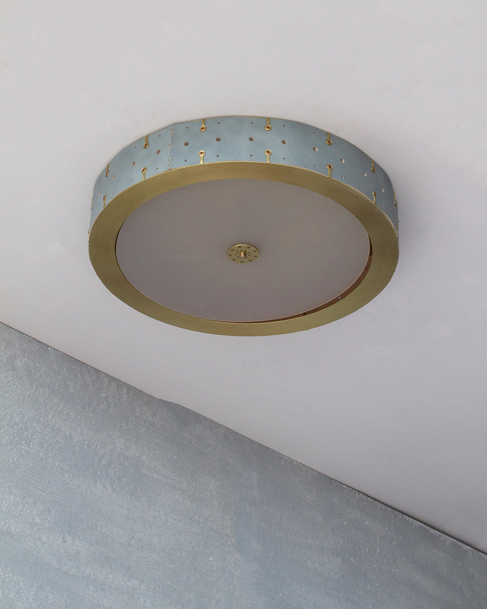 Beautiful satin brass flush mount ceiling fixture with handstitched leather drum shade #leather-color_cloud blue