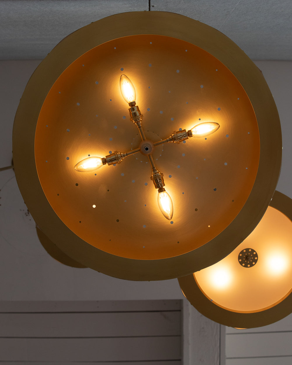 Beautiful satin brass ceiling pendant fixture with handstitched leather drum shade and customizable drop  #leather-color_tan harness