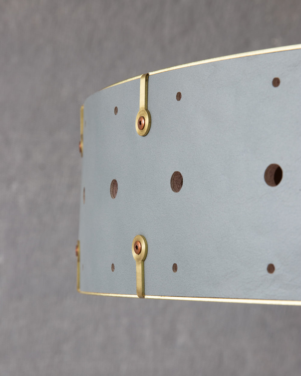 Beautiful satin brass ceiling pendant fixture with handstitched leather drum shade and customizable drop
#leather-color_cloud blue 