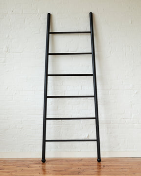 Large XL WIDE BLACK decorative ladder from Lostine.  Simple interior design, made in the USA. Warm American Modern Design