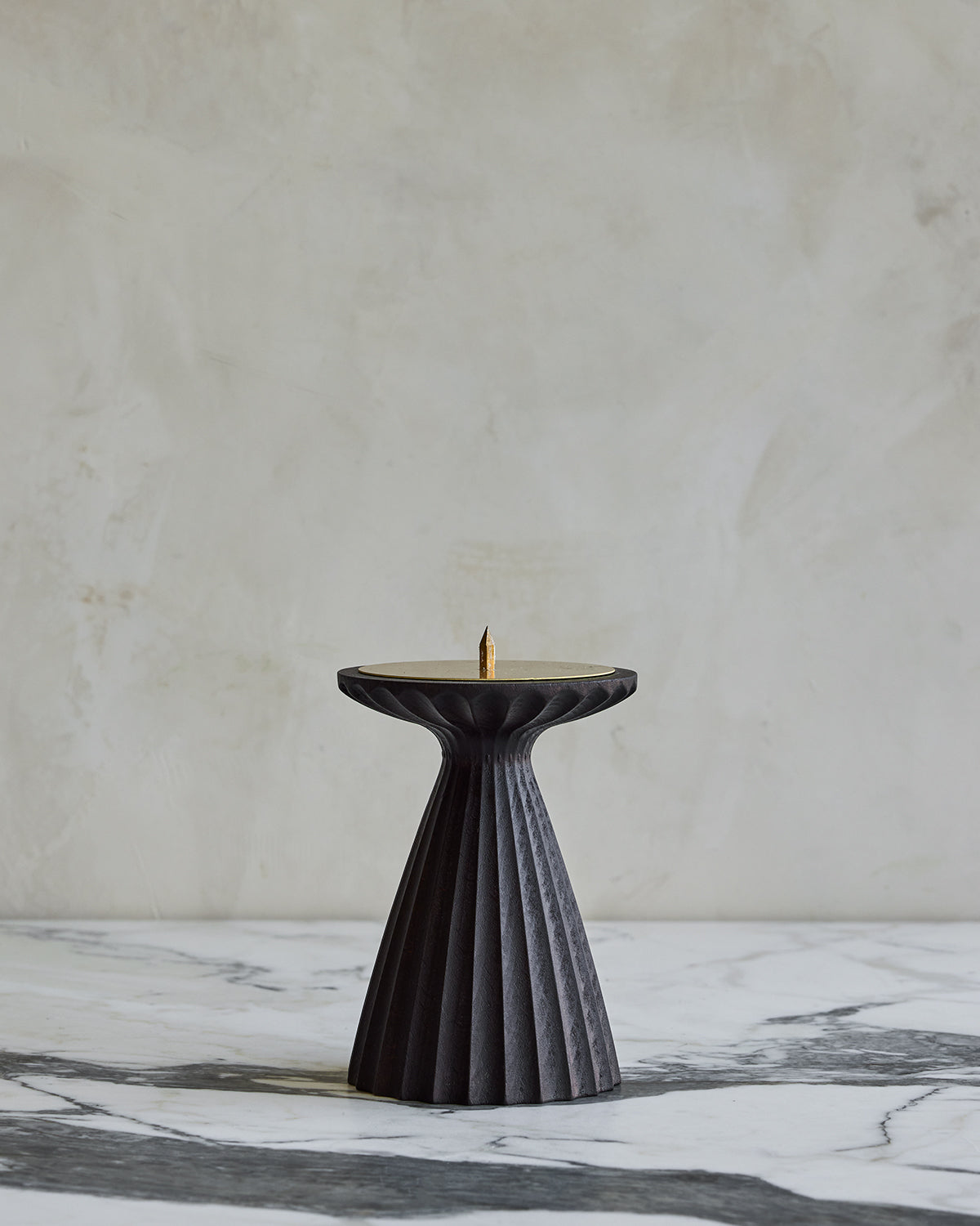 Tall grooved dark wash maple wooden pillar candle holder with brass accents #wood-finish_dark wash maple #size_tall