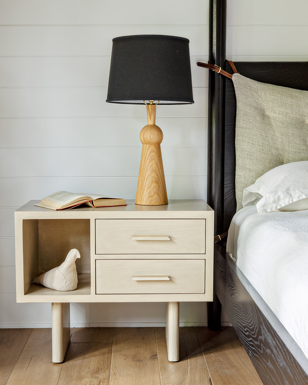 Bedside table lamp with natural solid wood body and black linen shade