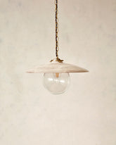 Large pendant light with oversized clear glass globe and decorative wooden clear maple shade with brass chain