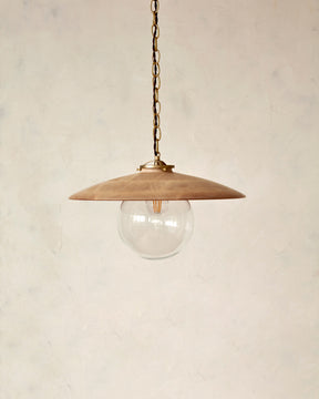 Large pendant light with oversized clear glass globe and decorative wooden natural maple shade with brass chain