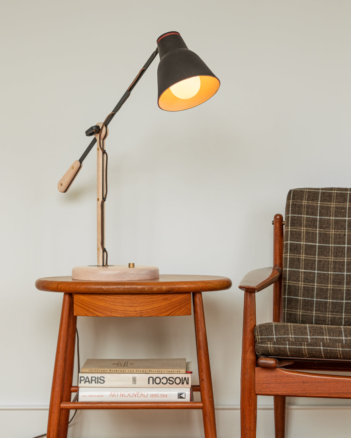 Maple, steel and ceramic desk side table lamp with articulating arm