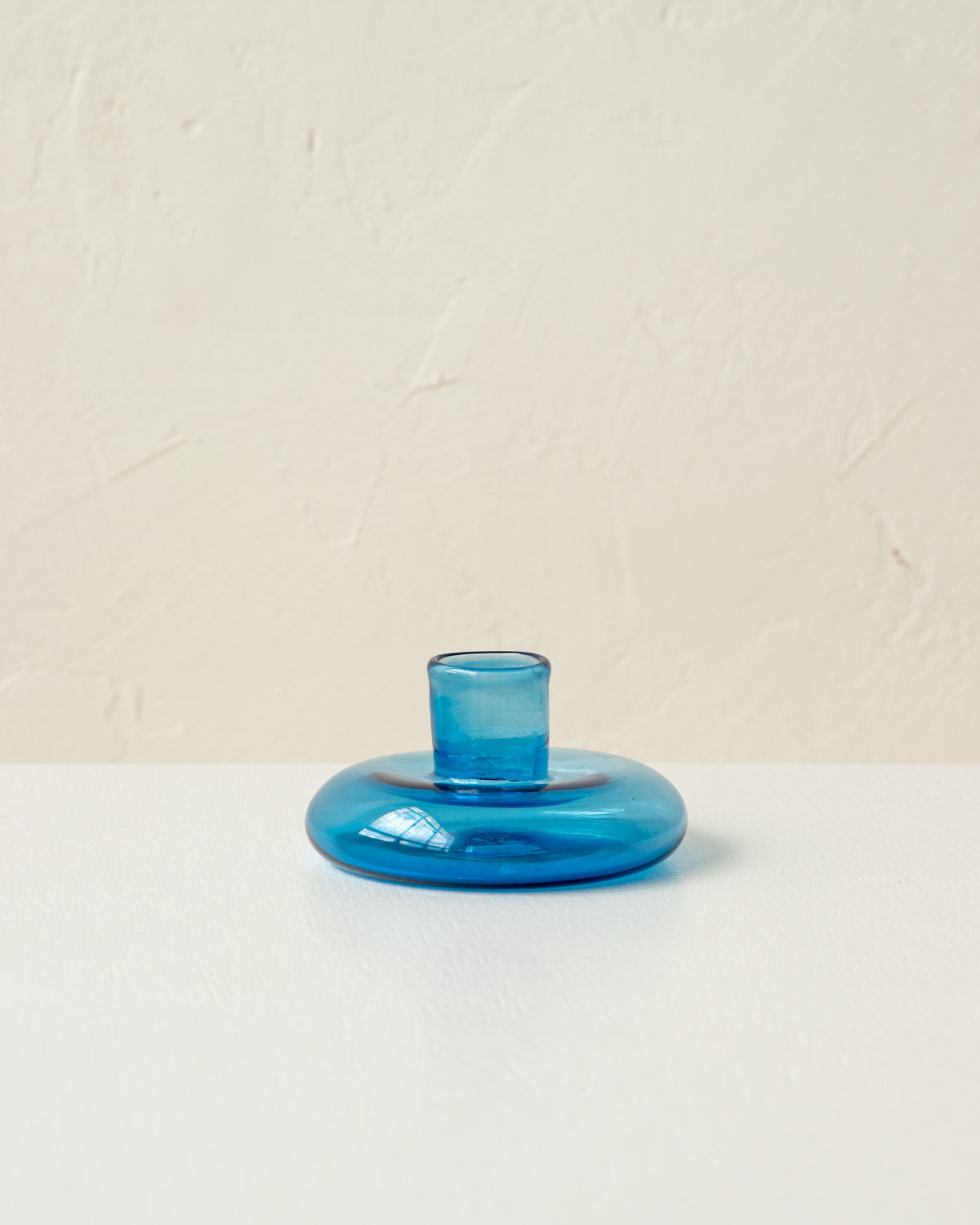 Short blue glass candlestick holder, handmade glass taper candle holder