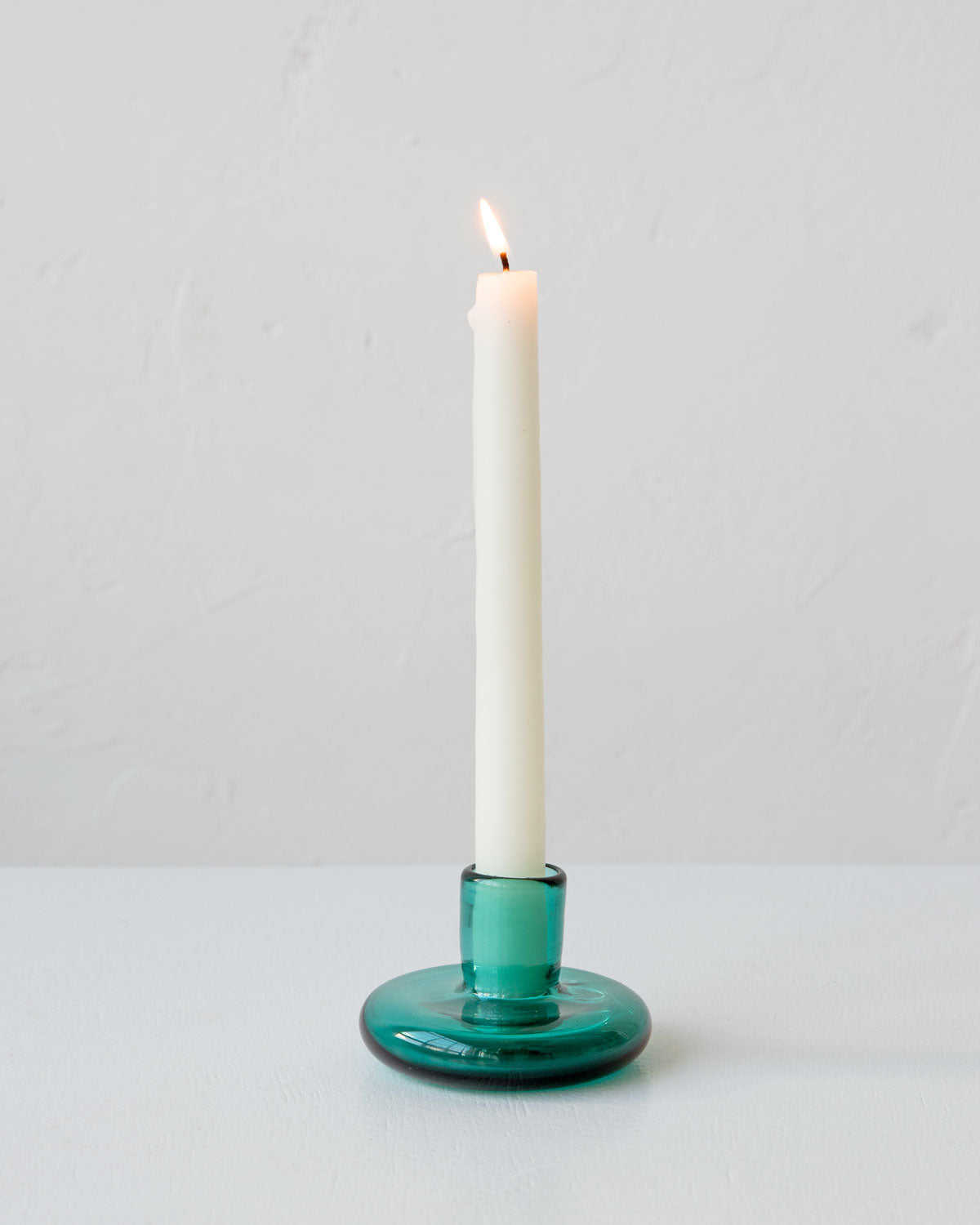 Short green glass candlestick holder, handmade glass taper candle holder