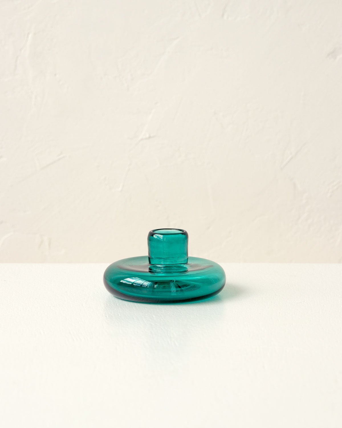 Short teal green glass candlestick holder, handmade glass taper candle holder