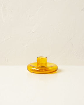 Short yellow glass candlestick holder, handmade glass taper candle holder