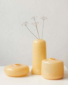Handmade opaque sandy yellow glass vase. Bud vase, glass vessel