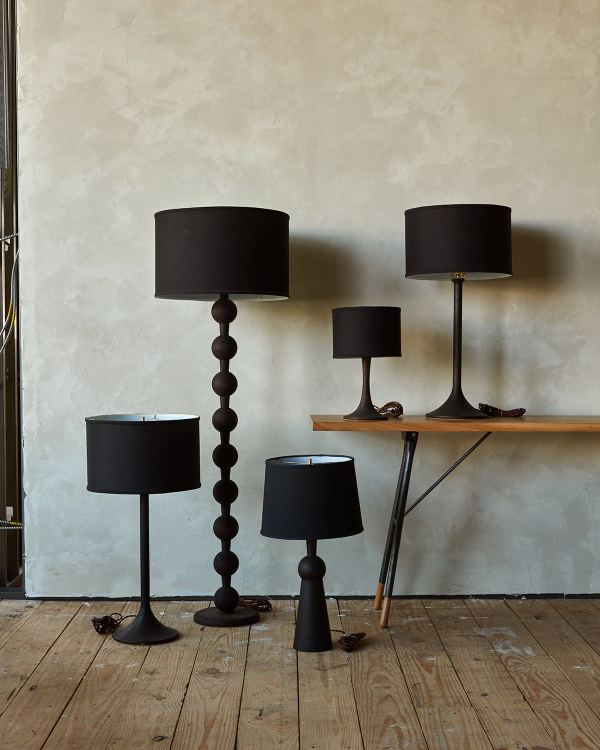 Collection of Lostine dark wash wood turned lamps  #wood-finish_dark wash red oak #shade-color_black linen