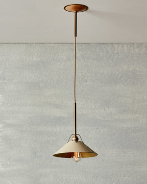 Eggshell white leather and brass ceiling pendant light. Made by RTO Lighting in Philadelphia. Hardwired light fixture. Simple interior design, made in the USA.