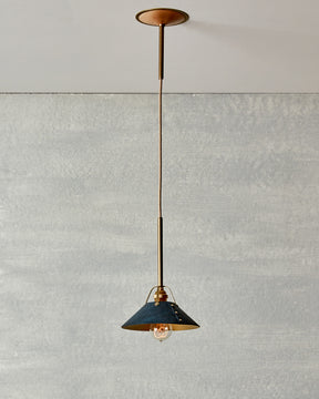 Navy blue leather and brass ceiling pendant light. Made by RTO Lighting in Philadelphia. Hardwired light fixture. Simple interior design, made in the USA.