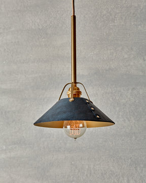 Navy blue Leather and brass ceiling pendant light. Made by RTO Lighting in Philadelphia. Hardwired light fixture. Simple interior design, made in the USA.