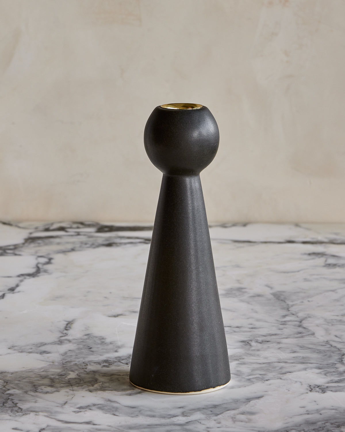 Almost Black Bella ceramic candle holder with gently tapered base in matte black glaze