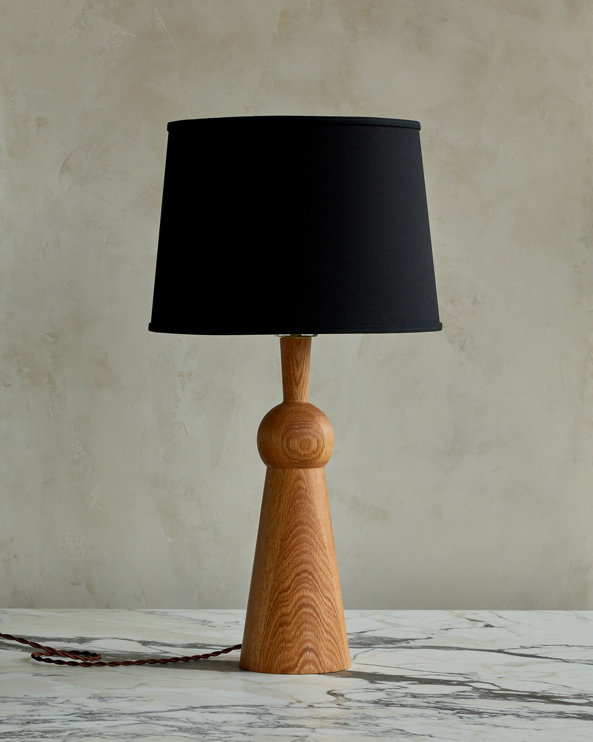 Natural red oak solid wood table lamp with gently tapered body and black  linen shade #wood-finish_natural red oak #shade-color_black linen