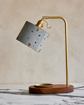 Charming desk lamp with blue handstitched articulating leather shade, warm brass and walnut wood with brass dish