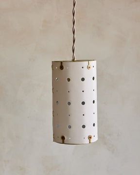 Charming leather pendant light with white handstitched shade and brass accents