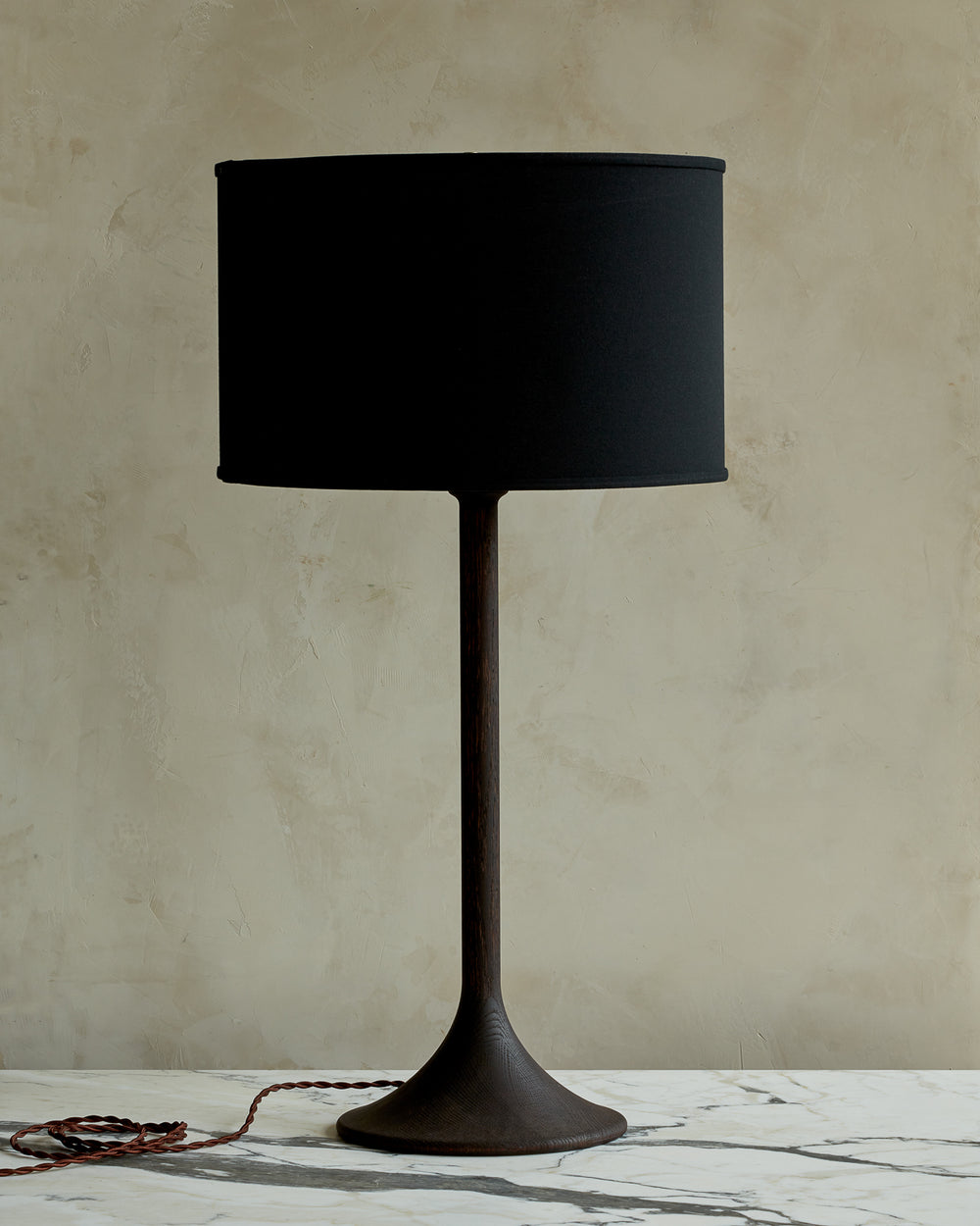 Large Trumpet table lamp with dark  wash finish and black drum shade #wood-finish_dark wash red oak #shade-color_black linen