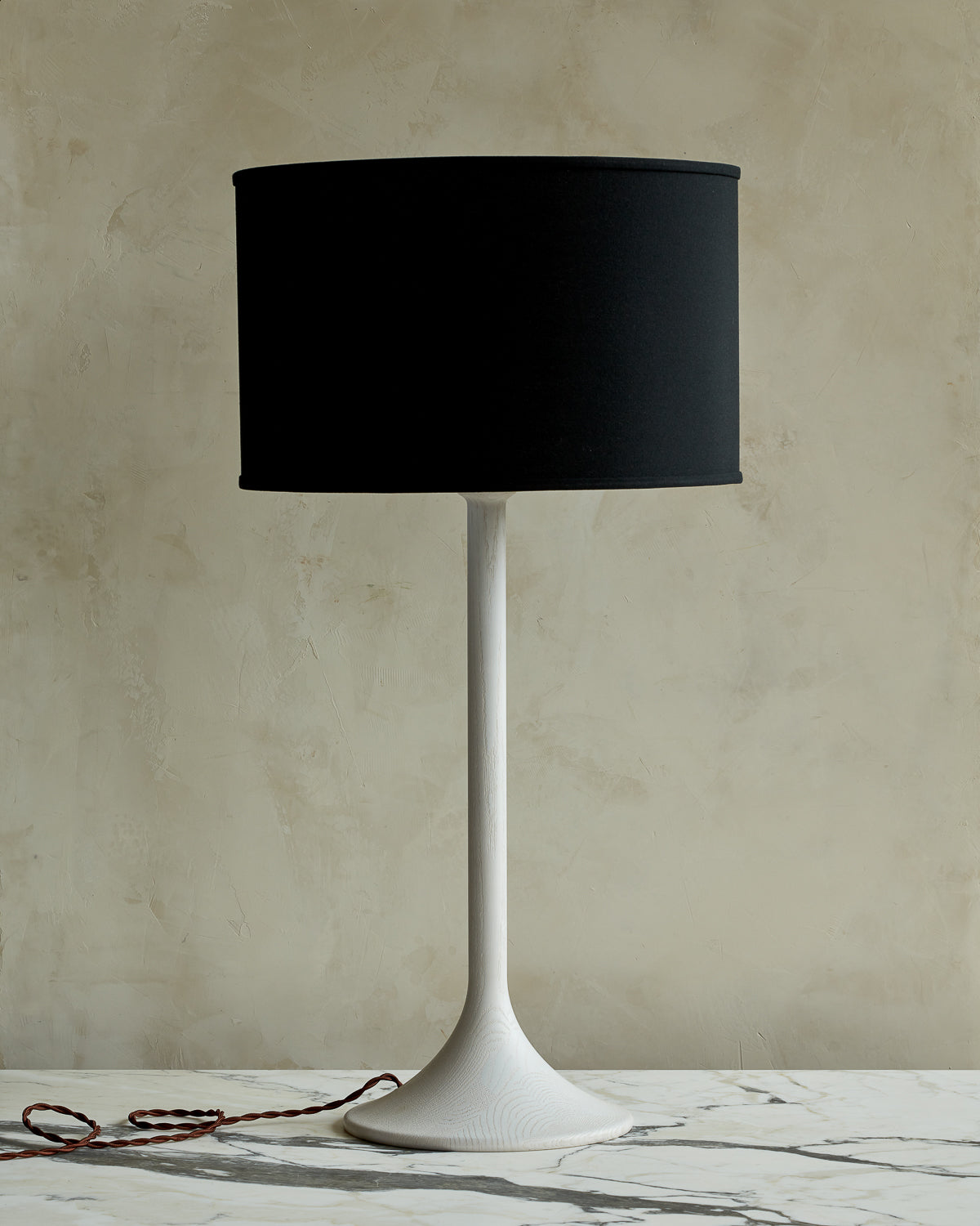 Large Trumpet table lamp with white wash finish and black drum shade #wood-finish_white wash red oak #shade-color_black linen