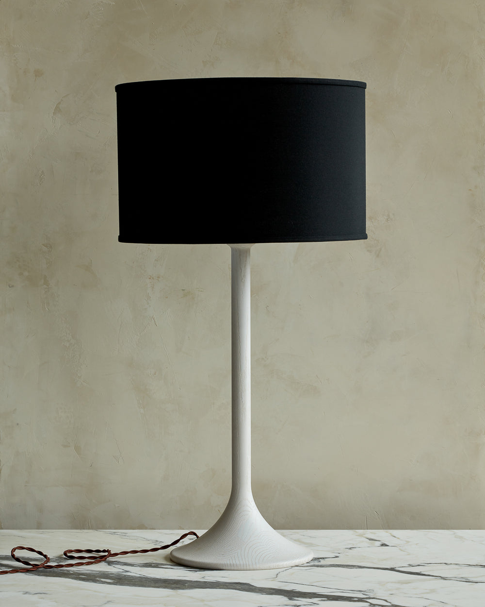 Large Trumpet table lamp with white wash finish and black drum shade #wood-finish_white wash red oak #shade-color_black linen