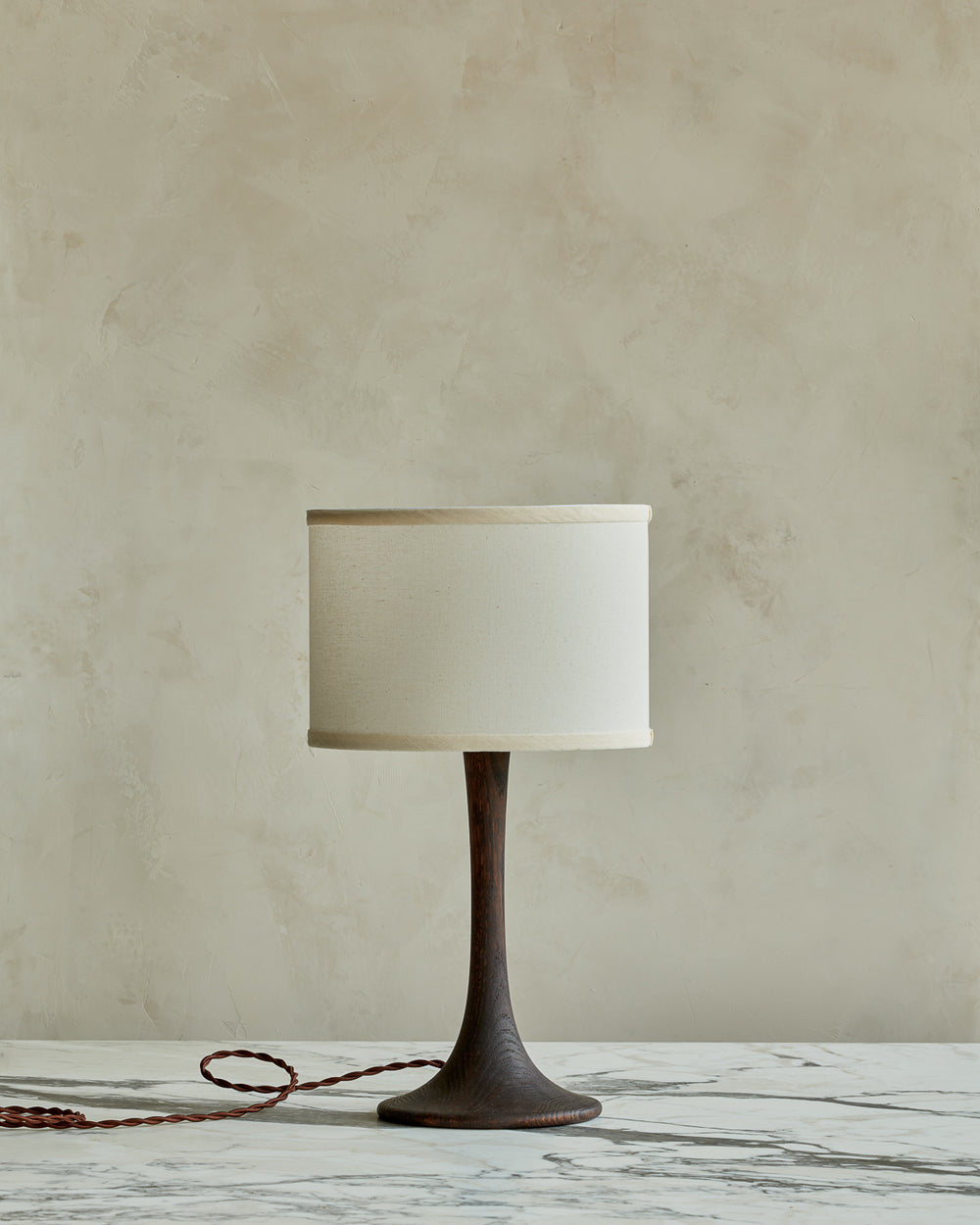 Small Trumpet table lamp with dark wash finish and ivory drum shade #wood-finish_dark wash red oak #shade-color_ivory linen