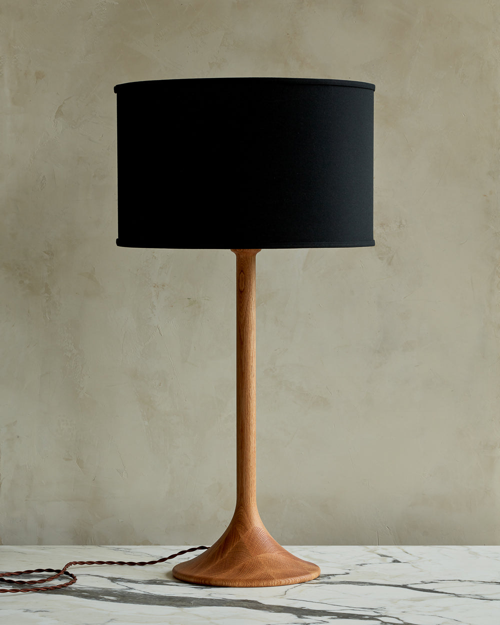 Large Trumpet table lamp with natural finish and black drum shade #wood-finish_natural red oak #shade-color_black linen