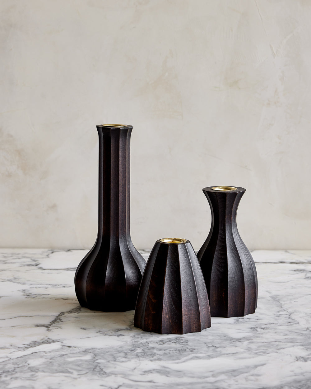 Trio of dark wash maple wooden candle holders with delicate grooves #wood-finish_dark wash maple