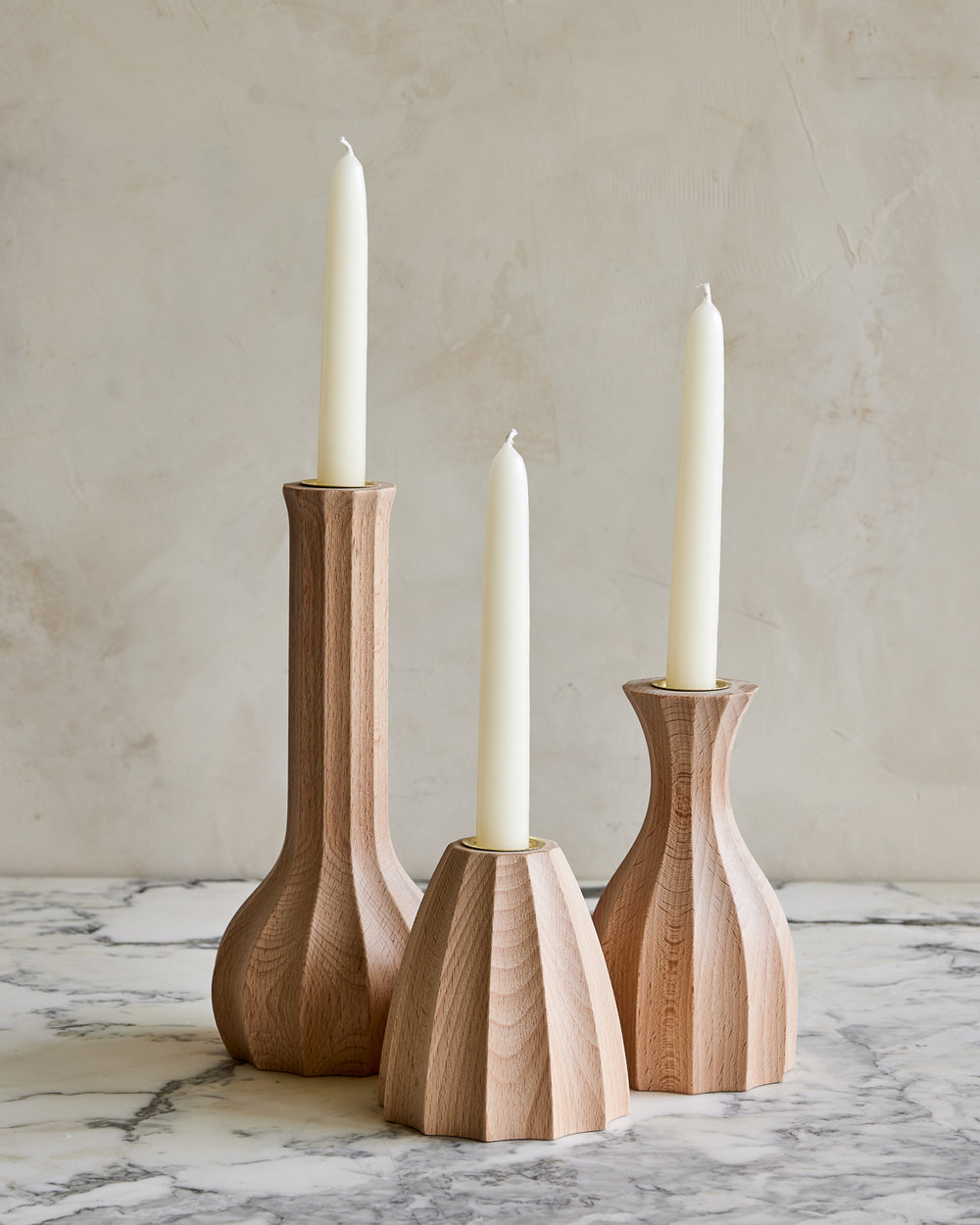Trio of natural maple wooden candle holders with delicate grooves #wood-finish_natural maple