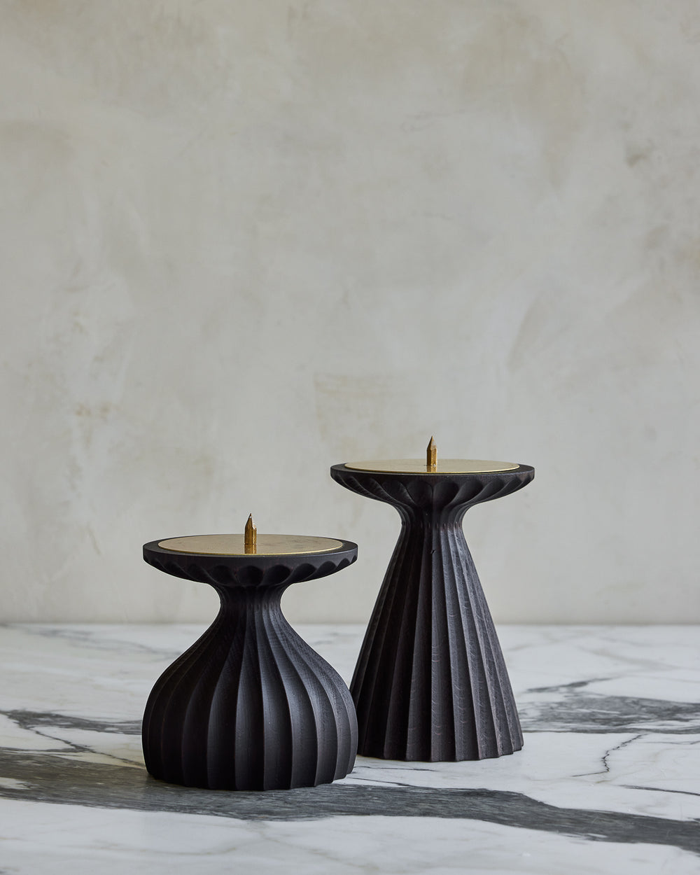 Pair of delicately grooved pillar candle holders in dark wash maple wood #wood-finish_dark wash maple