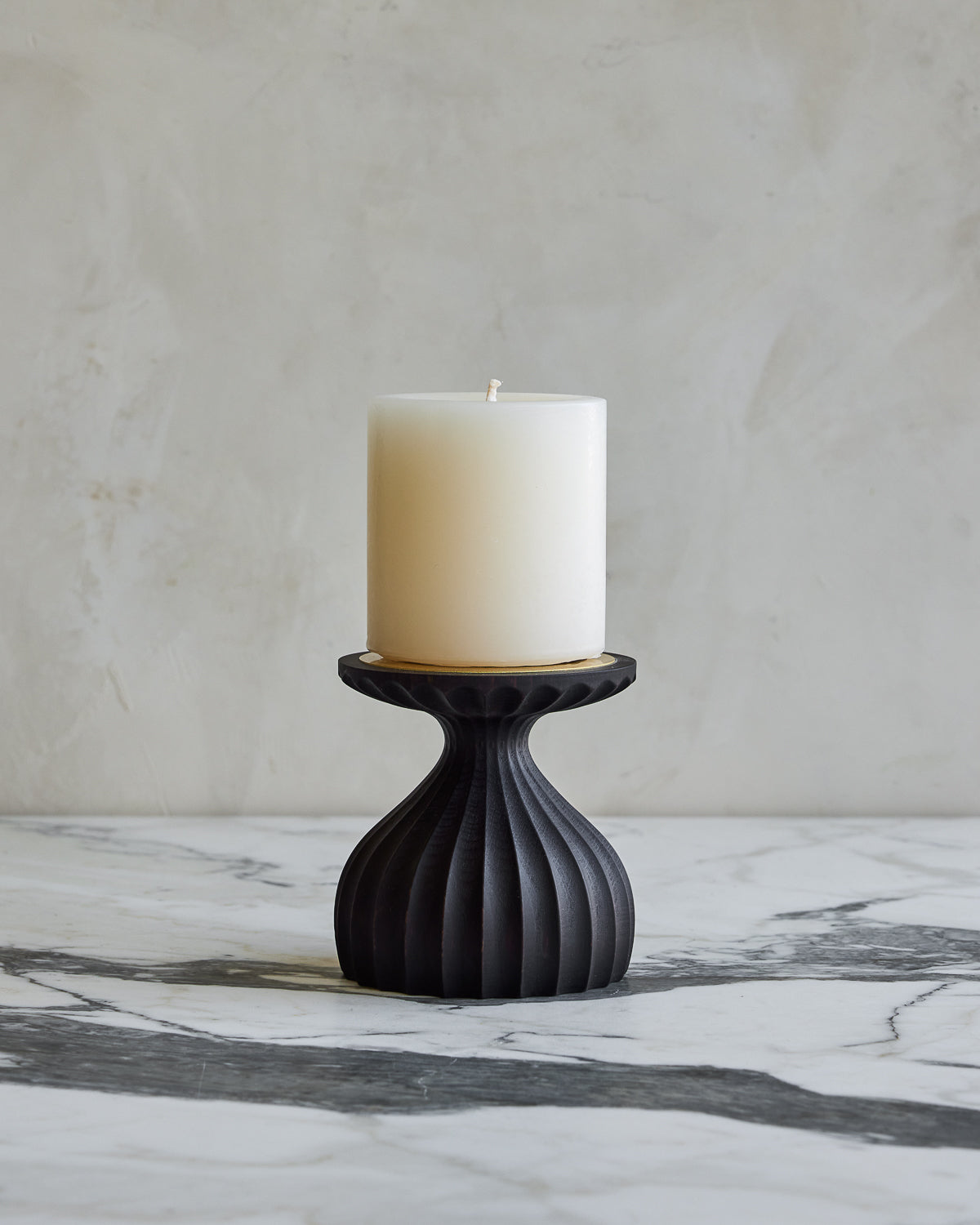 Short grooved dark wash maple wooden pillar candle holder with brass accents with white pillar candle #wood-finish_dark wash maple #size_short