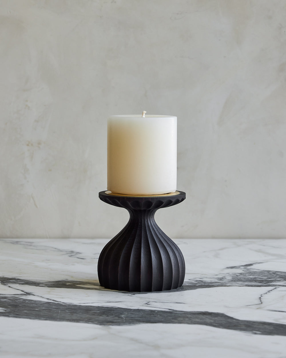 Short grooved dark wash maple wooden pillar candle holder with brass accents with white pillar candle #wood-finish_dark wash maple #size_short