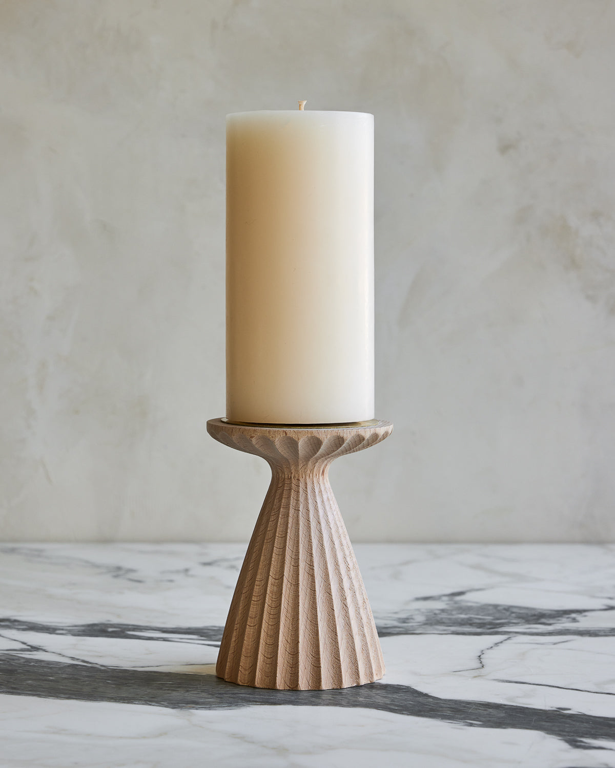 Tall grooved natural maple wooden pillar candle holder with brass accents and pillar candle