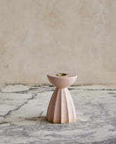 Blush Sabine ceramic candle holder with fluted ridged base in matte pink glaze
