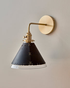 Classic satin brass hardwired wall sconce with cone glass diffuser and decorative handstitched leather shade