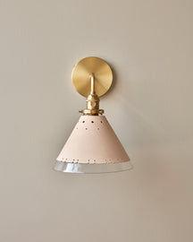 Classic satin brass hardwired wall sconce with cone glass diffuser and decorative handstitched leather shade