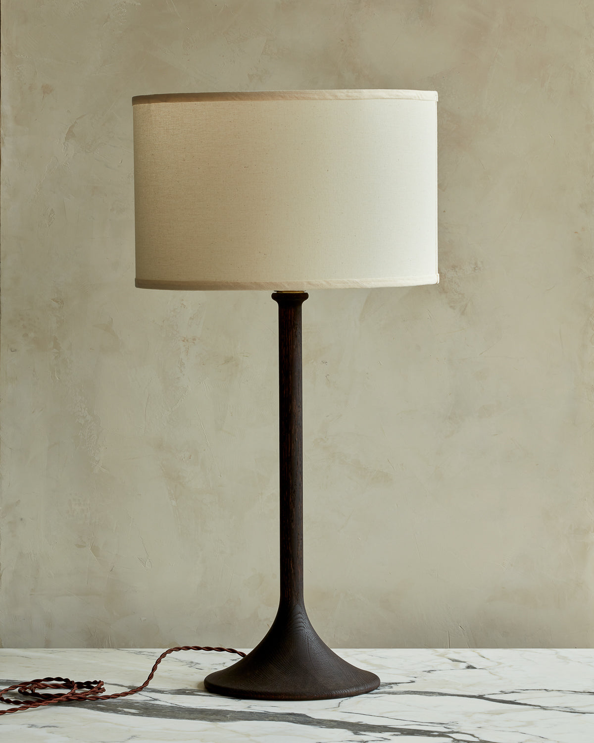 Large Trumpet table lamp with dark wash finish and ivory drum shade #wood-finish_dark wash red oak #shade-color_ivory linen