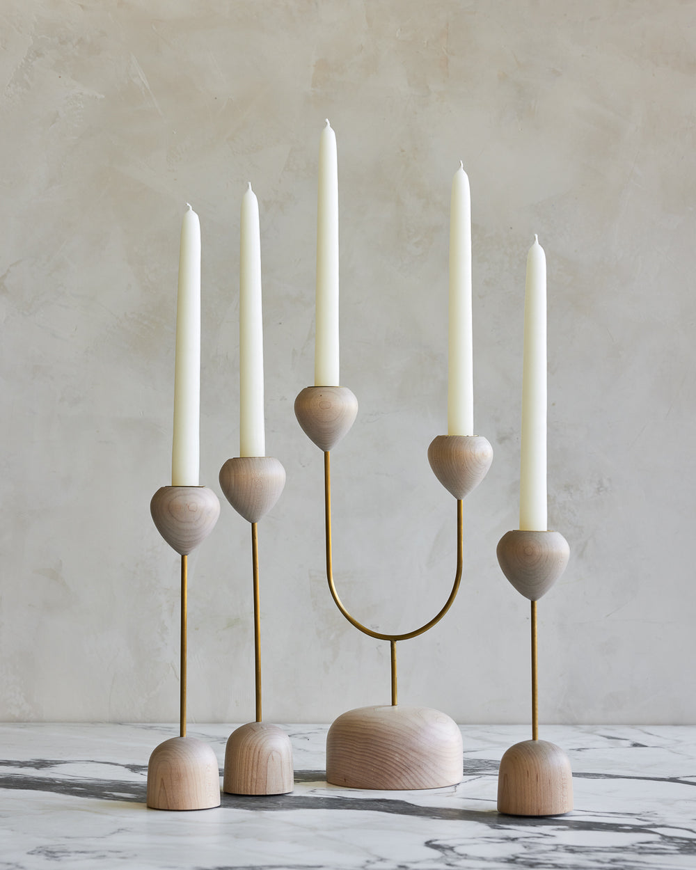 Modern maple and brass flower inspired candle holders #wood-finish_clear maple