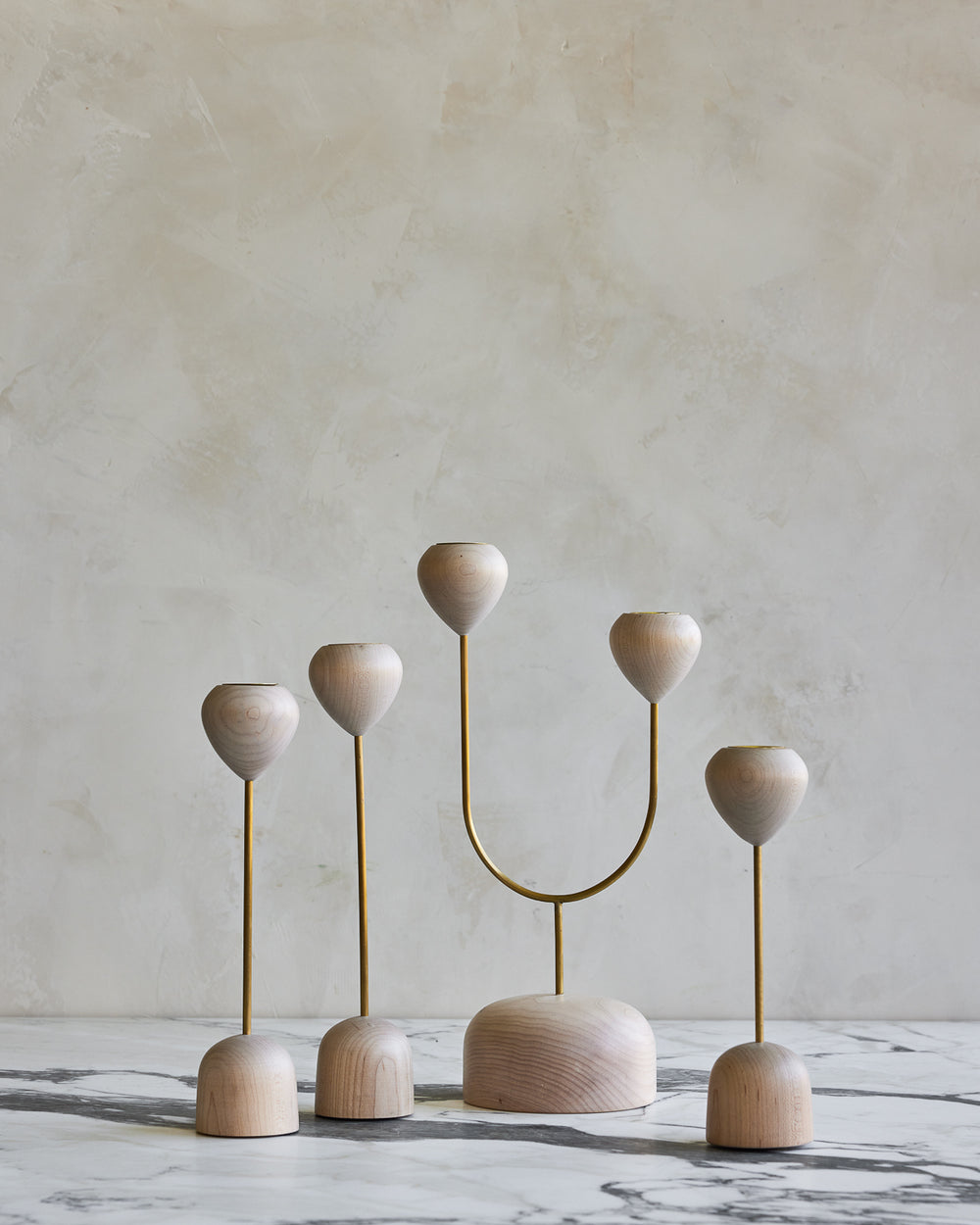 Simple and modern Maple and brass flower inspired candle holders #wood-finish_clear maple